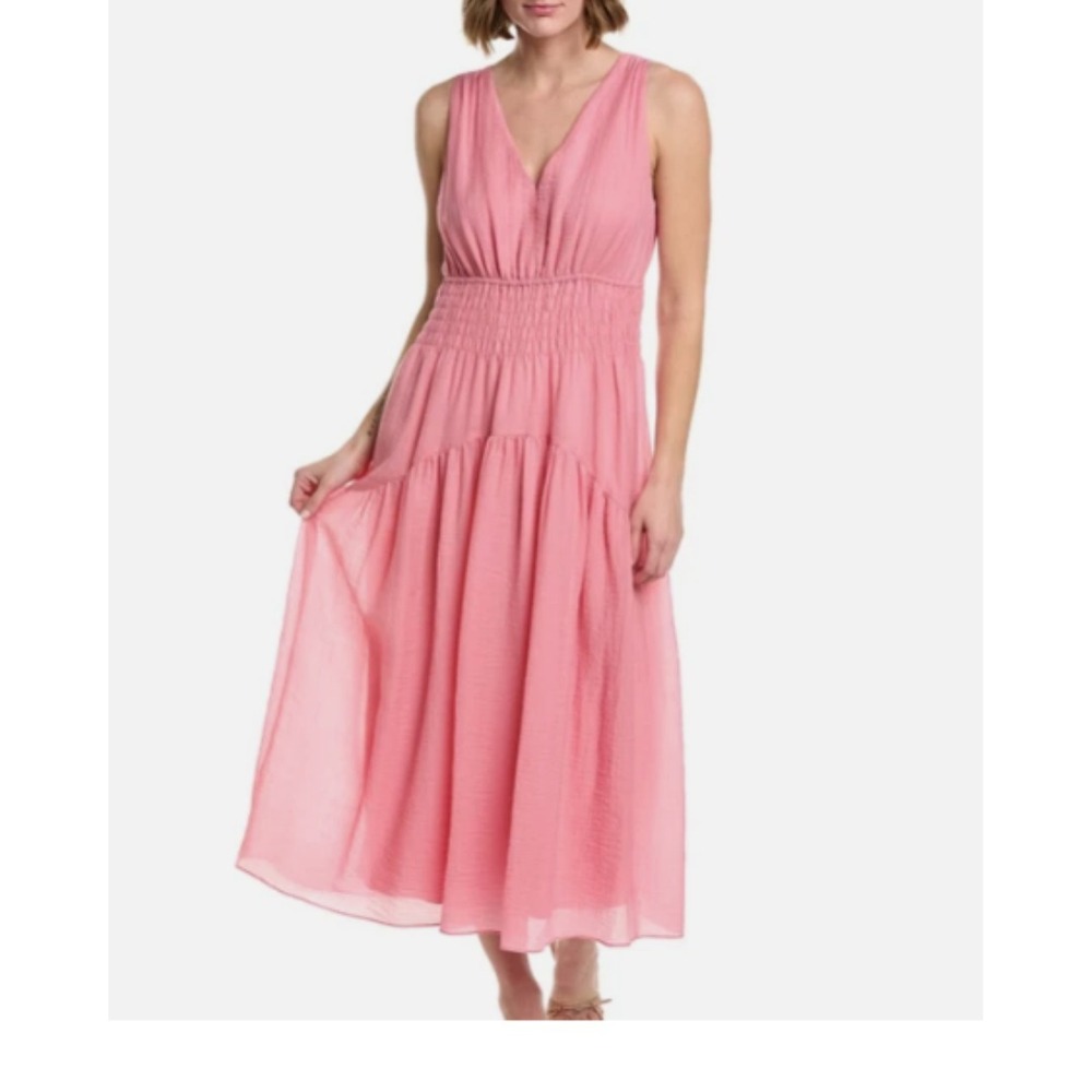 Vince S Pink V-Neck Smocked Tiered A-Line Tank Midi‎ Dress Pockets Sz 1X FLAW